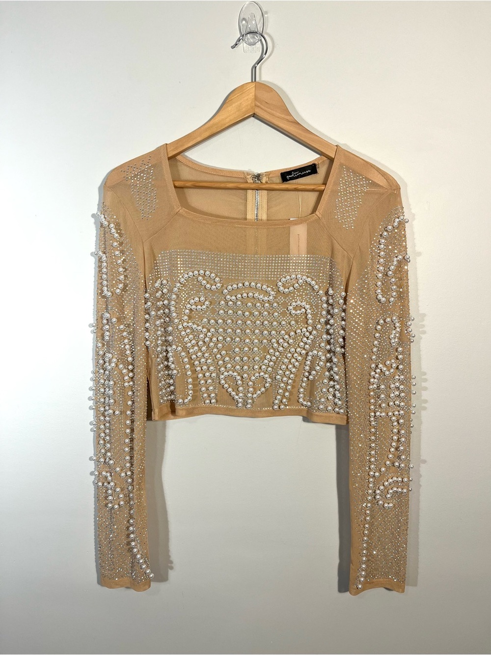 Nude Mesh Pearl Beaded Rhinestone Festival Concert Crop Top Sheer Stretch XL NWT